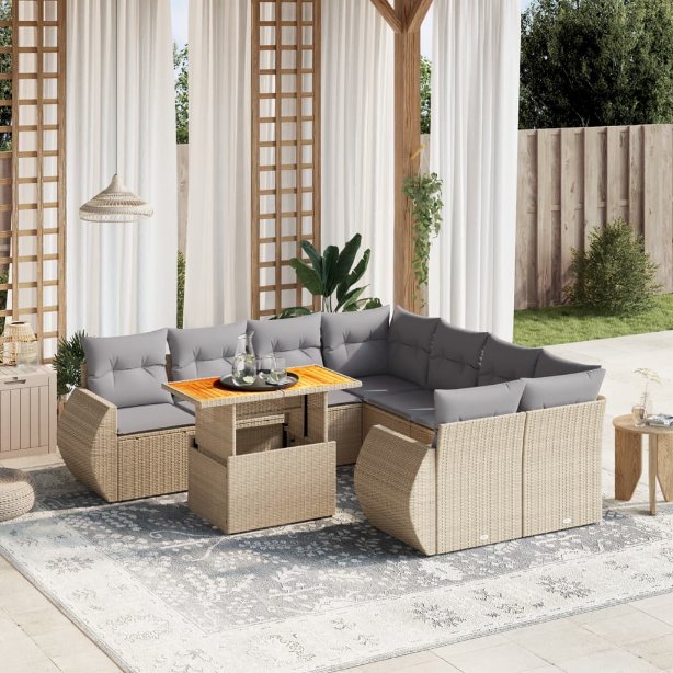 9-tlg. Garten-Sofagarnitur mit Kissen Schwarz Poly Rattan