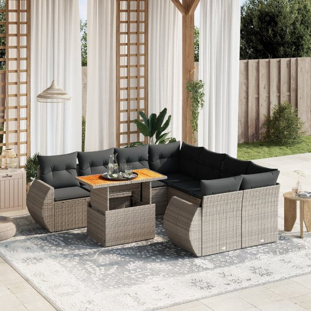 9-tlg. Garten-Sofagarnitur mit Kissen Schwarz Poly Rattan