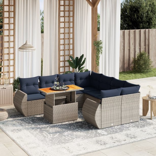 9-tlg. Garten-Sofagarnitur mit Kissen Schwarz Poly Rattan