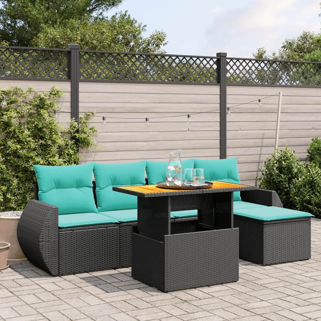 6-tlg. Garten-Sofagarnitur mit Kissen Schwarz Poly Rattan