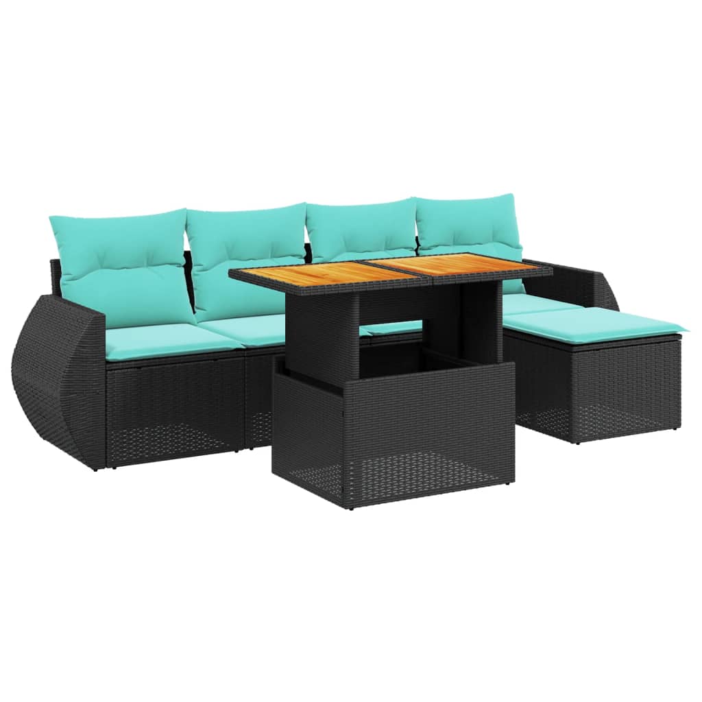 6-tlg. Garten-Sofagarnitur mit Kissen Schwarz Poly Rattan