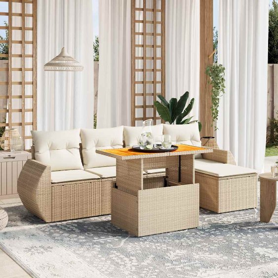 6-tlg. Garten-Sofagarnitur mit Kissen Schwarz Poly Rattan