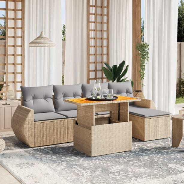 6-tlg. Garten-Sofagarnitur mit Kissen Schwarz Poly Rattan