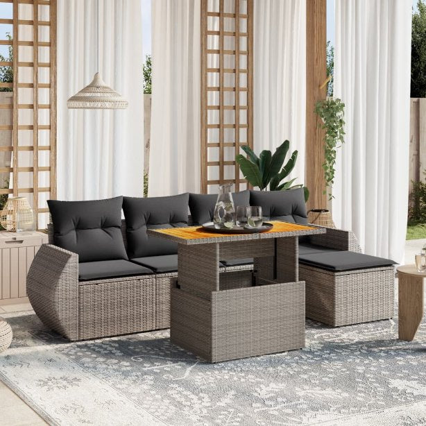6-tlg. Garten-Sofagarnitur mit Kissen Schwarz Poly Rattan