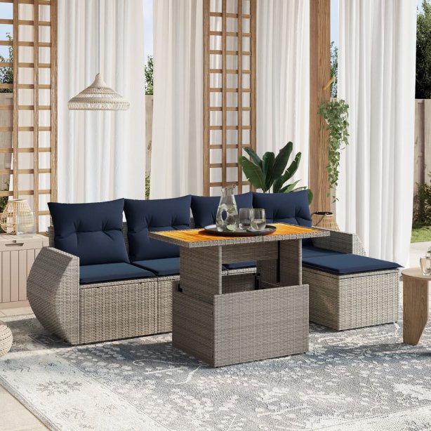 6-tlg. Garten-Sofagarnitur mit Kissen Schwarz Poly Rattan