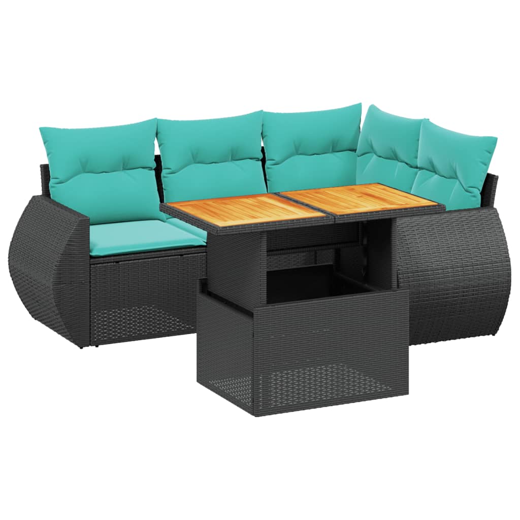 5-tlg. Garten-Sofagarnitur mit Kissen Schwarz Poly Rattan