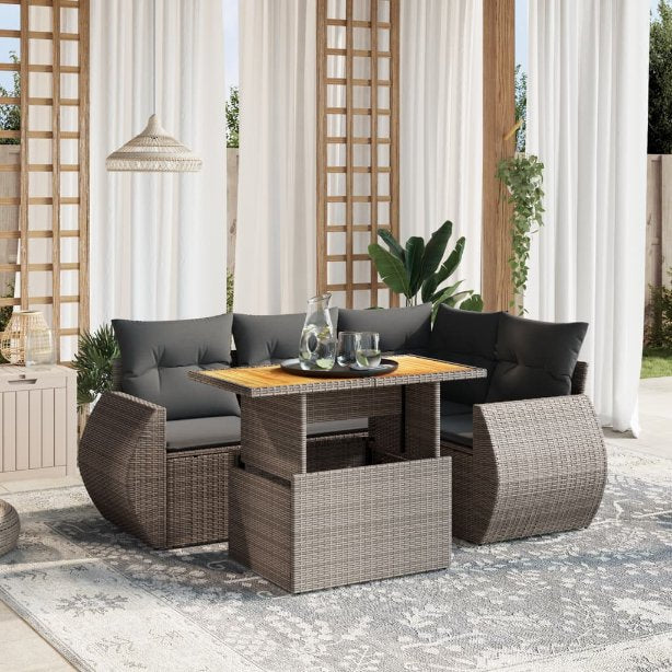 5-tlg. Garten-Sofagarnitur mit Kissen Schwarz Poly Rattan