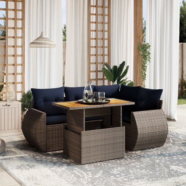 5-tlg. Garten-Sofagarnitur mit Kissen Schwarz Poly Rattan