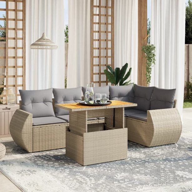 6-tlg. Garten-Sofagarnitur mit Kissen Schwarz Poly Rattan