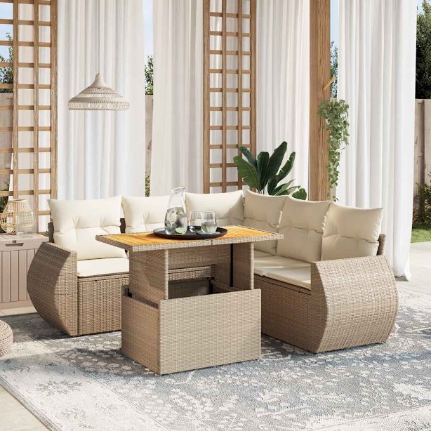 6-tlg. Garten-Sofagarnitur mit Kissen Schwarz Poly Rattan