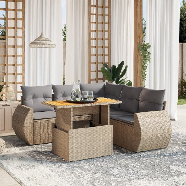 6-tlg. Garten-Sofagarnitur mit Kissen Schwarz Poly Rattan