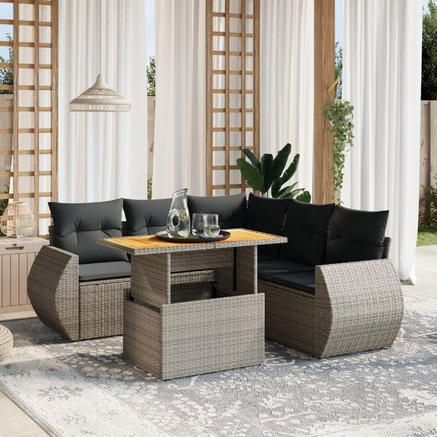 6-tlg. Garten-Sofagarnitur mit Kissen Schwarz Poly Rattan