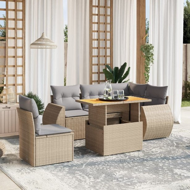 6-tlg. Garten-Sofagarnitur mit Kissen Schwarz Poly Rattan