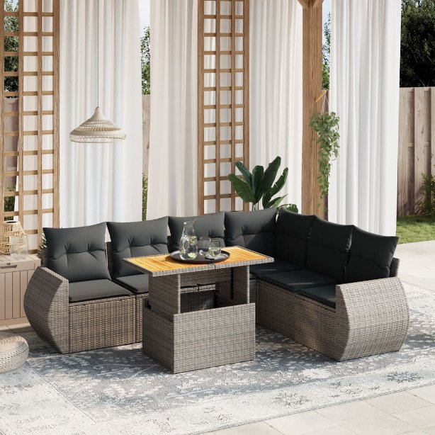 7-tlg. Garten-Sofagarnitur mit Kissen Schwarz Poly Rattan