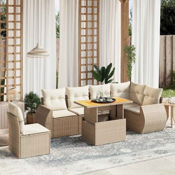 7-tlg. Garten-Sofagarnitur mit Kissen Schwarz Poly Rattan