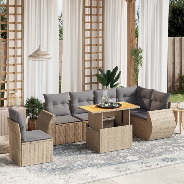 7-tlg. Garten-Sofagarnitur mit Kissen Schwarz Poly Rattan