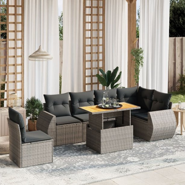 7-tlg. Garten-Sofagarnitur mit Kissen Schwarz Poly Rattan