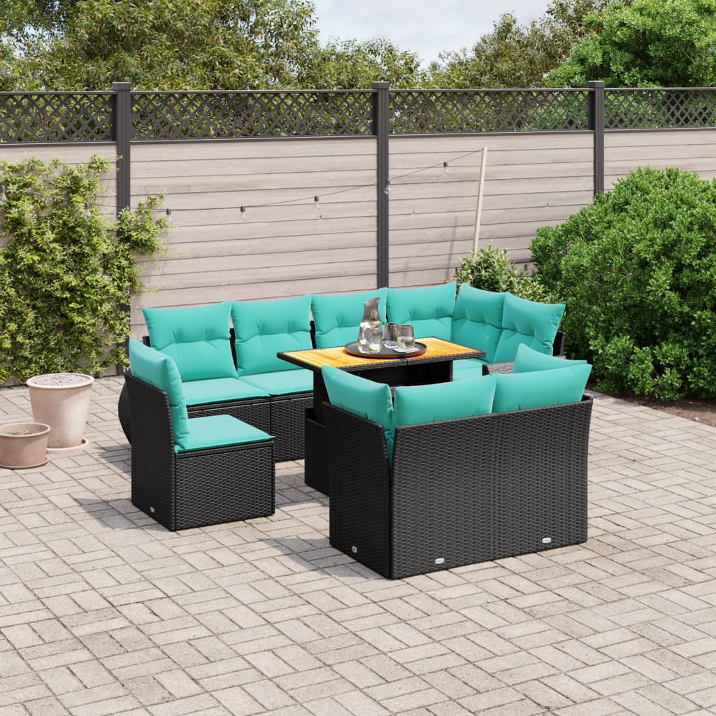 9-tlg. Garten-Sofagarnitur mit Kissen Schwarz Poly Rattan