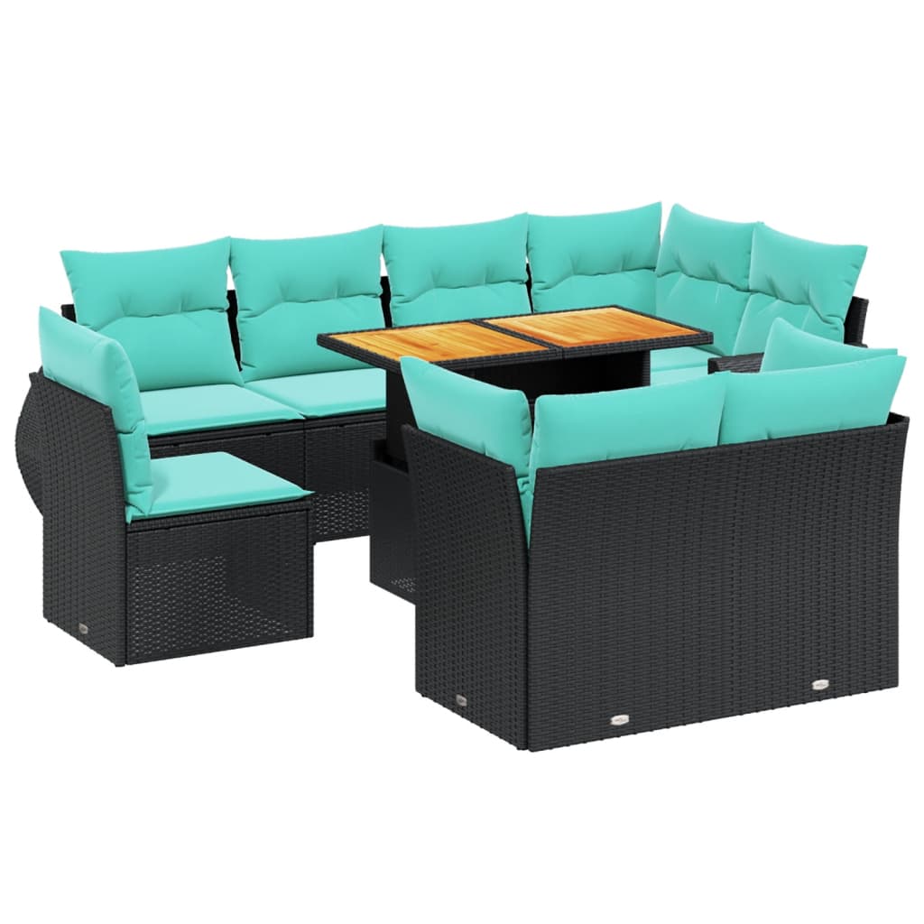 9-tlg. Garten-Sofagarnitur mit Kissen Schwarz Poly Rattan
