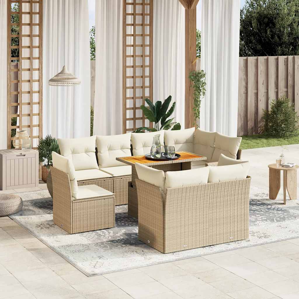 9-tlg. Garten-Sofagarnitur mit Kissen Schwarz Poly Rattan