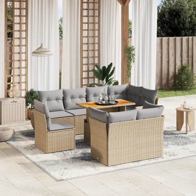 9-tlg. Garten-Sofagarnitur mit Kissen Schwarz Poly Rattan