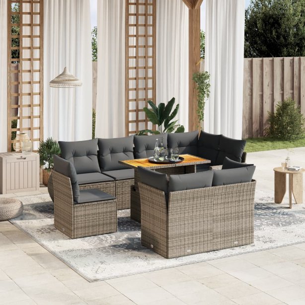9-tlg. Garten-Sofagarnitur mit Kissen Schwarz Poly Rattan