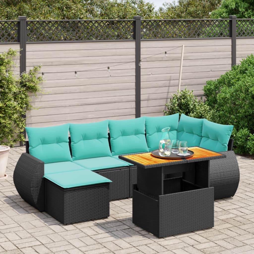 7-tlg. Garten-Sofagarnitur mit Kissen Schwarz Poly Rattan