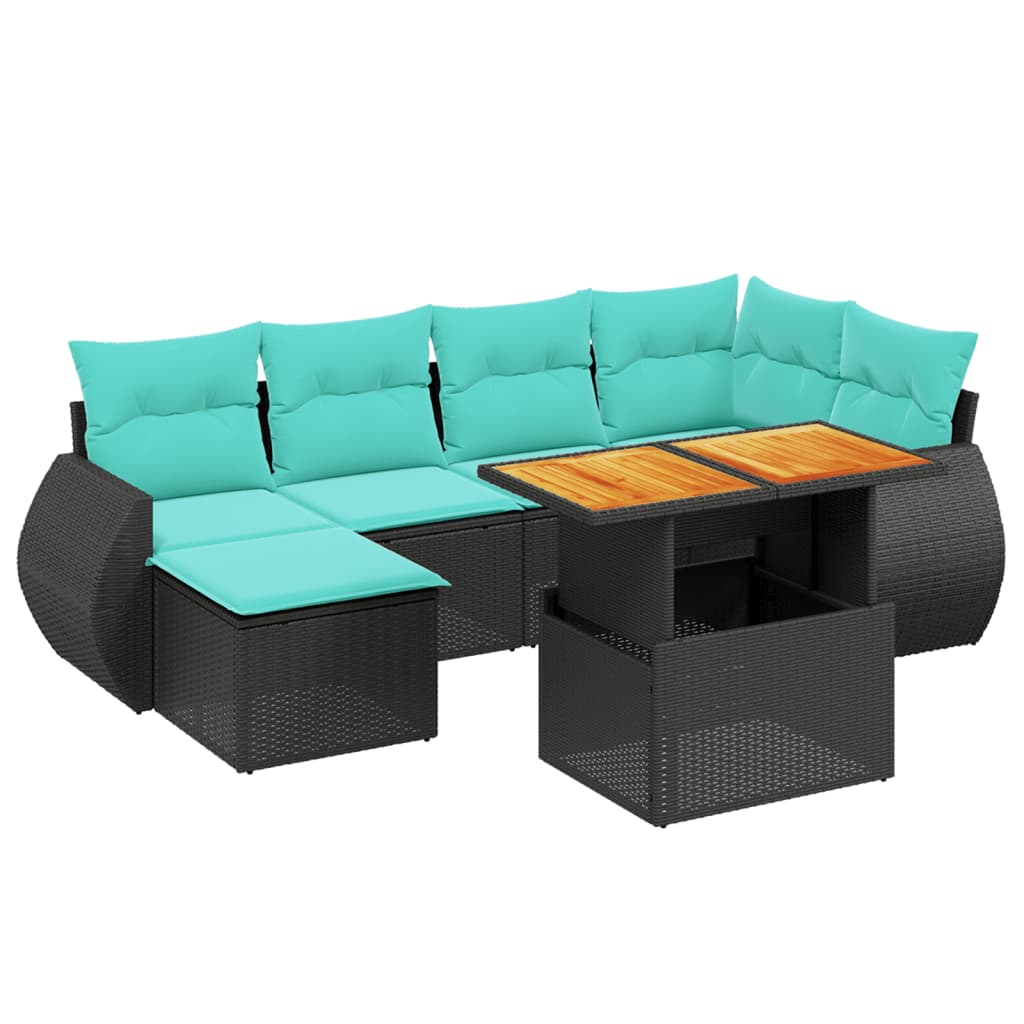 7-tlg. Garten-Sofagarnitur mit Kissen Schwarz Poly Rattan