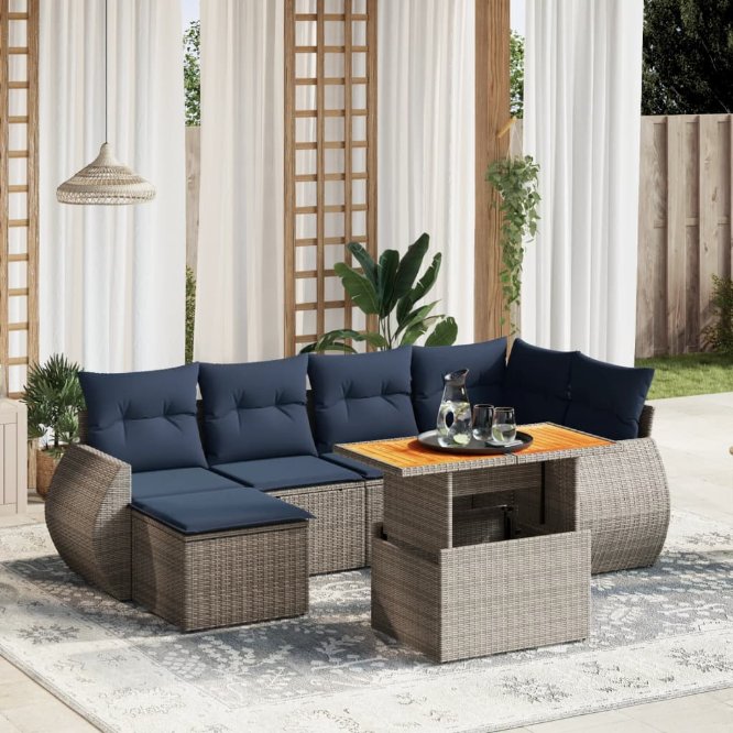 7-tlg. Garten-Sofagarnitur mit Kissen Schwarz Poly Rattan