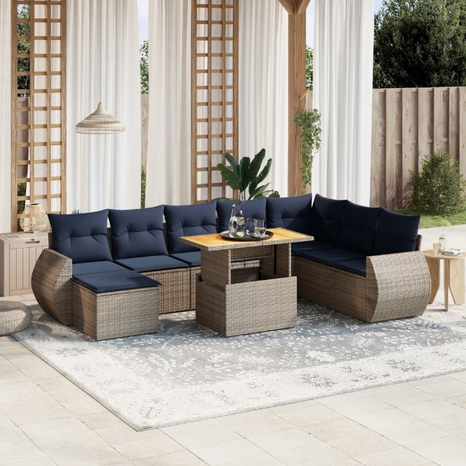 9-tlg. Garten-Sofagarnitur mit Kissen Schwarz Poly Rattan