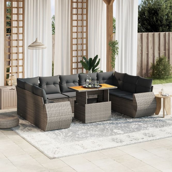 vidaXL 10-tlg. Garten-Sofagarnitur mit Kissen Schwarz Poly Rattan