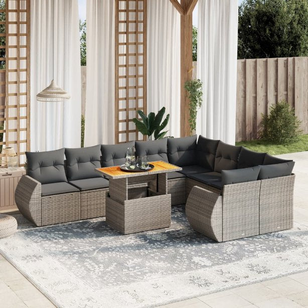 vidaXL 10-tlg. Garten-Sofagarnitur mit Kissen Schwarz Poly Rattan