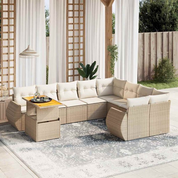 vidaXL 10-tlg. Garten-Sofagarnitur mit Kissen Schwarz Poly Rattan