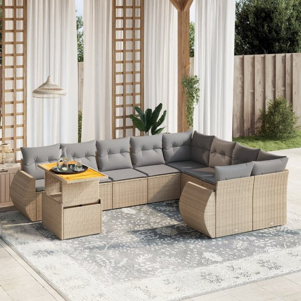 vidaXL 10-tlg. Garten-Sofagarnitur mit Kissen Schwarz Poly Rattan