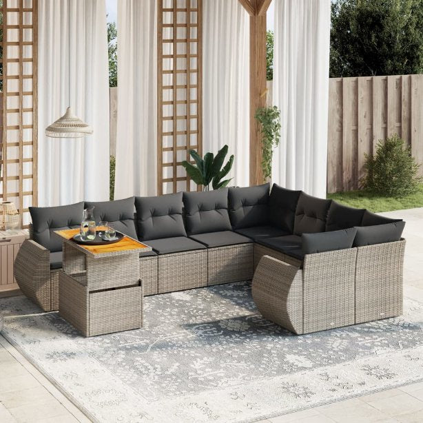 vidaXL 10-tlg. Garten-Sofagarnitur mit Kissen Schwarz Poly Rattan