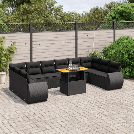 vidaXL 11-tlg. Garten-Sofagarnitur mit Kissen Schwarz Poly Rattan