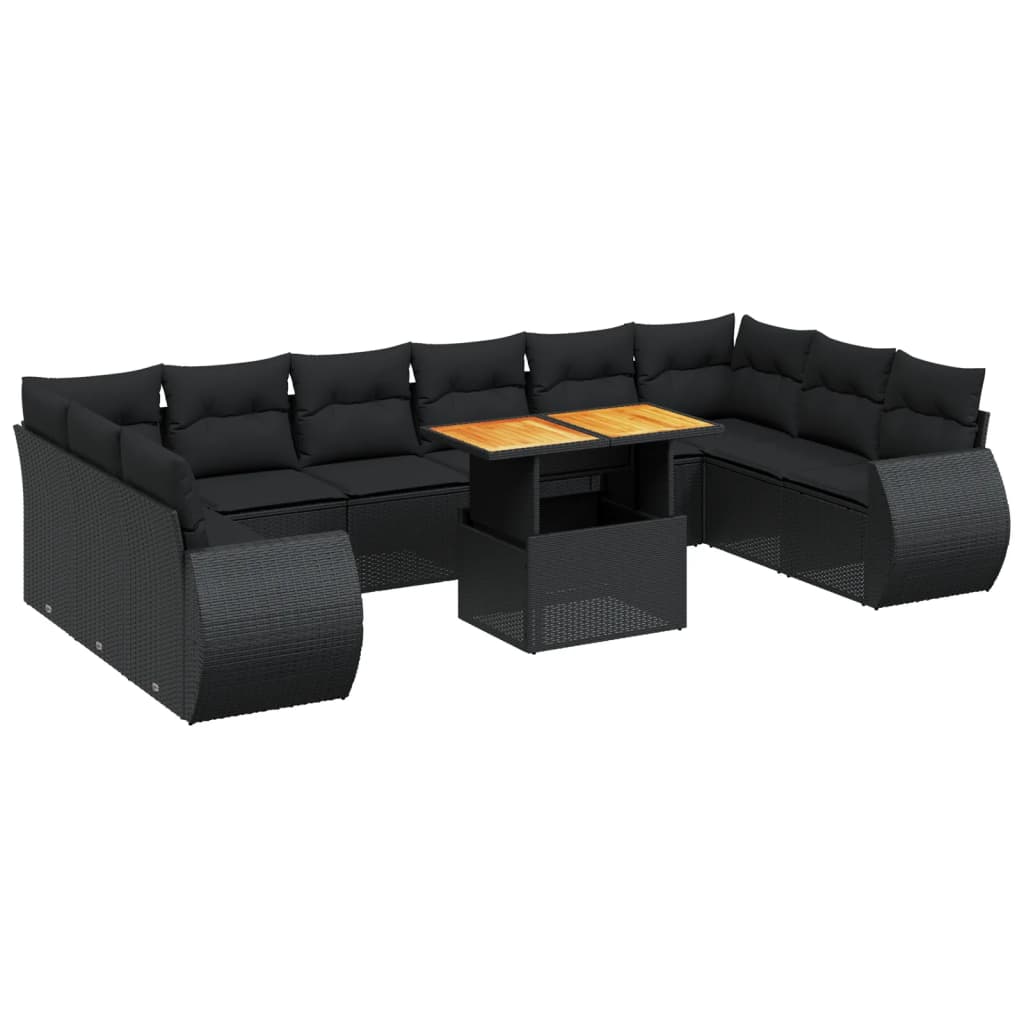 vidaXL 11-tlg. Garten-Sofagarnitur mit Kissen Schwarz Poly Rattan