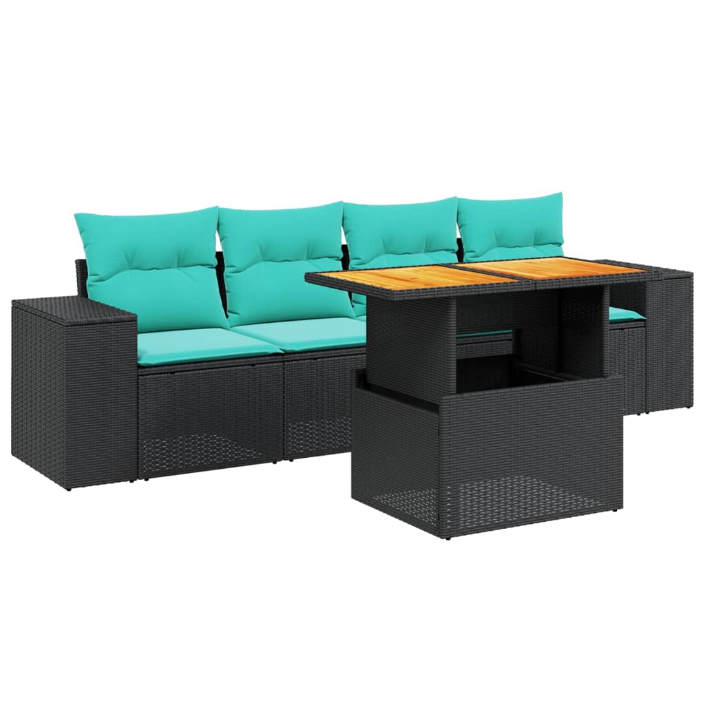 5-tlg. Garten-Sofagarnitur mit Kissen Schwarz Poly Rattan