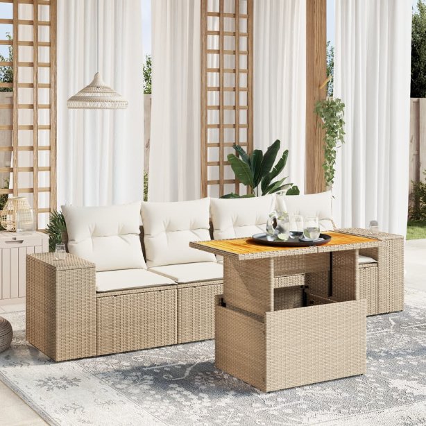 5-tlg. Garten-Sofagarnitur mit Kissen Schwarz Poly Rattan