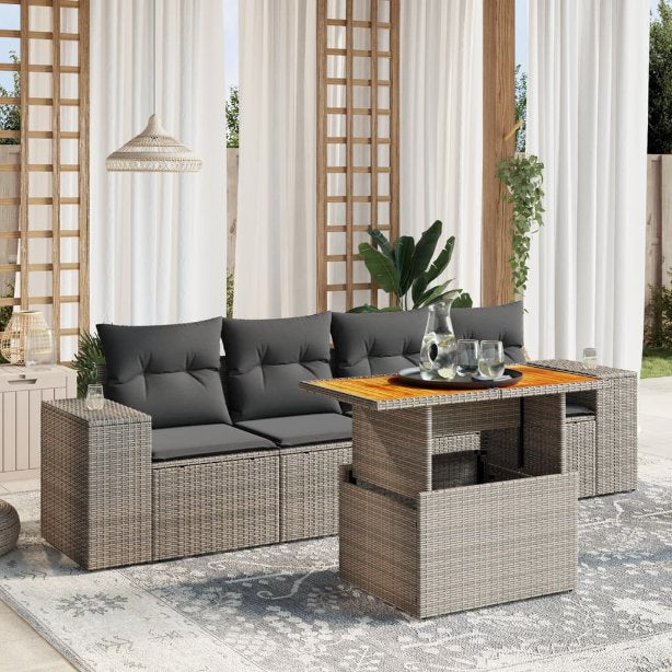 5-tlg. Garten-Sofagarnitur mit Kissen Schwarz Poly Rattan