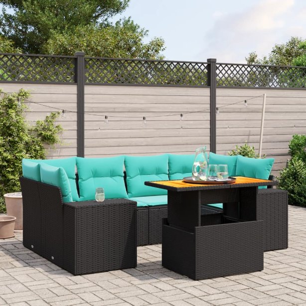 7-tlg. Garten-Sofagarnitur mit Kissen Schwarz Poly Rattan