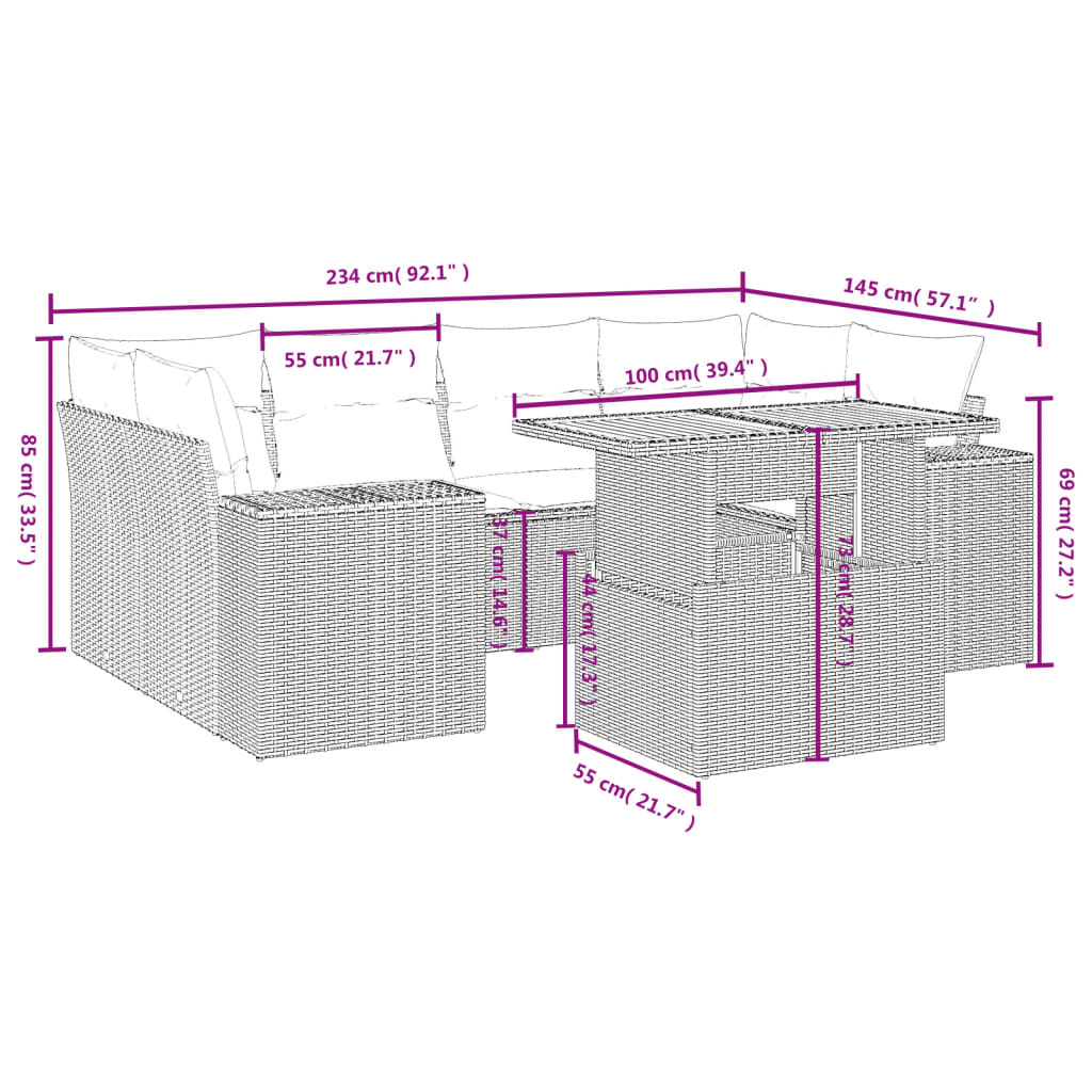 7-tlg. Garten-Sofagarnitur mit Kissen Schwarz Poly Rattan