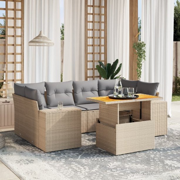 7-tlg. Garten-Sofagarnitur mit Kissen Schwarz Poly Rattan