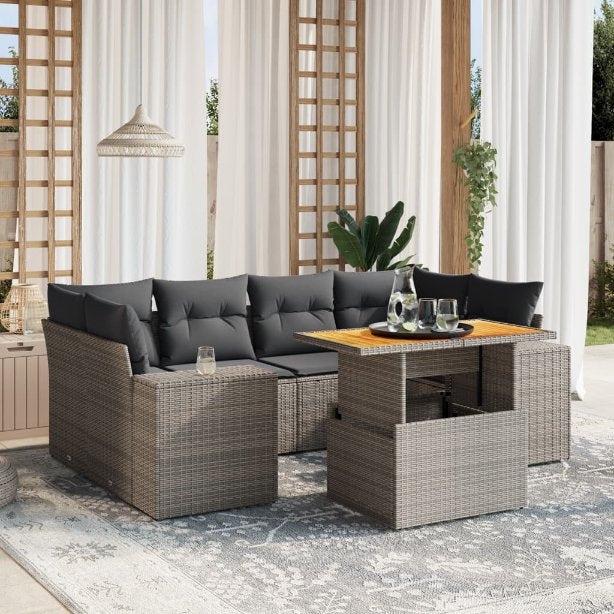 7-tlg. Garten-Sofagarnitur mit Kissen Schwarz Poly Rattan