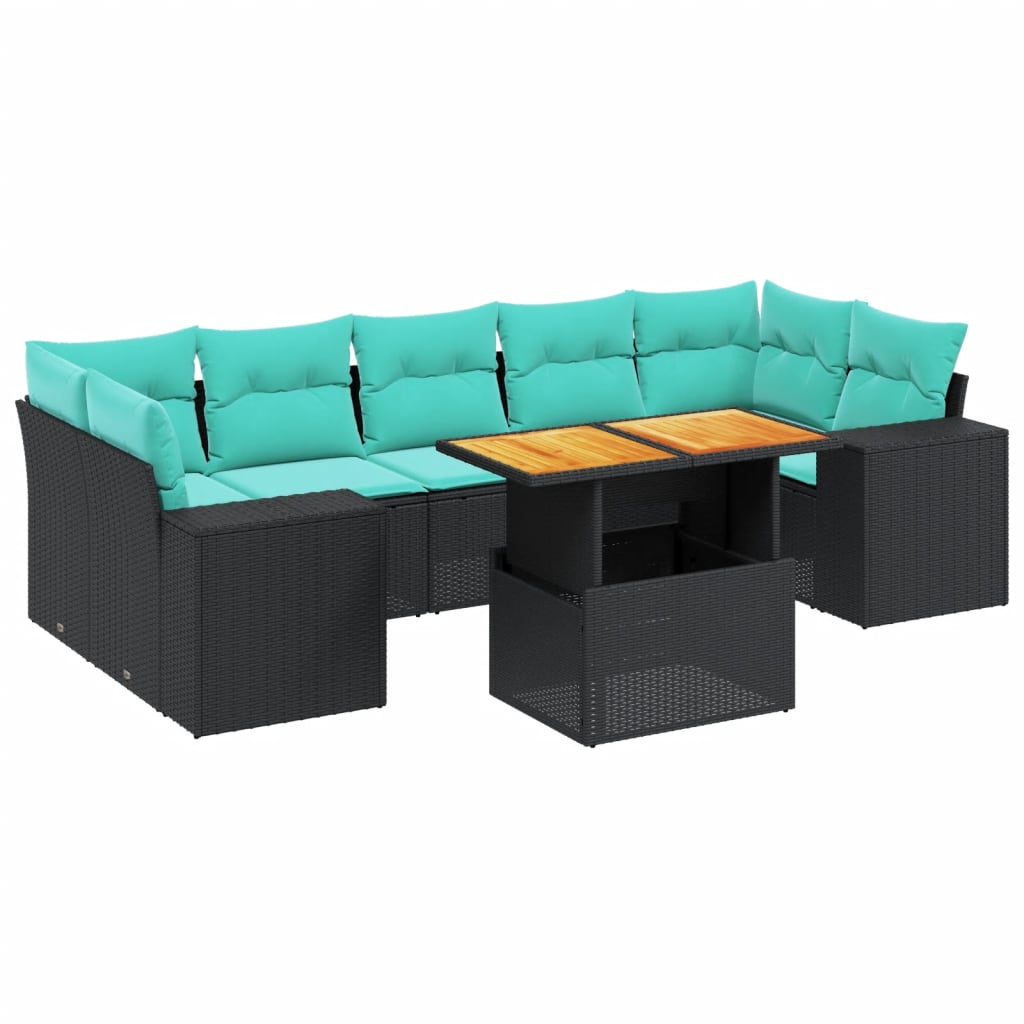 8-tlg. Garten-Sofagarnitur mit Kissen Schwarz Poly Rattan