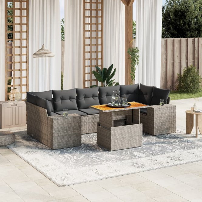 8-tlg. Garten-Sofagarnitur mit Kissen Schwarz Poly Rattan