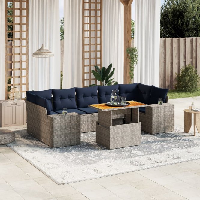 8-tlg. Garten-Sofagarnitur mit Kissen Schwarz Poly Rattan