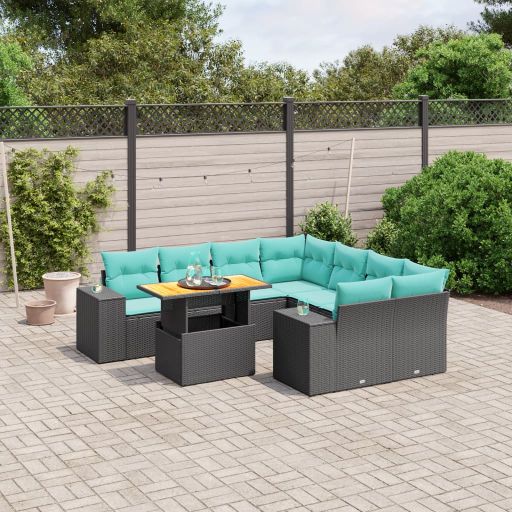 9-tlg. Garten-Sofagarnitur mit Kissen Schwarz Poly Rattan