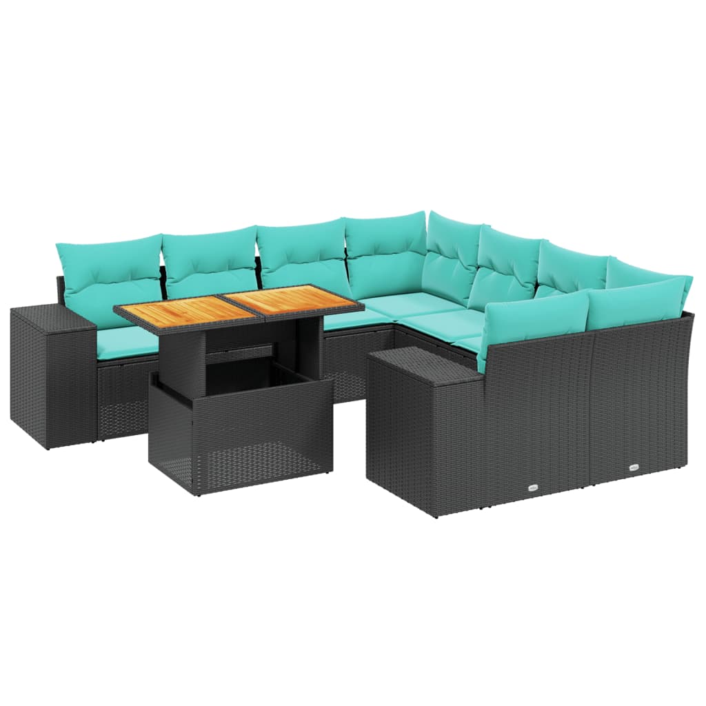 9-tlg. Garten-Sofagarnitur mit Kissen Schwarz Poly Rattan