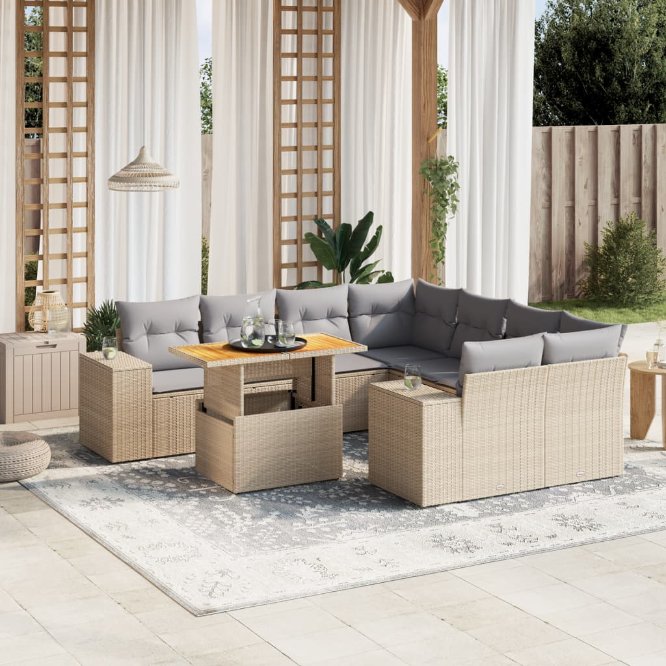 9-tlg. Garten-Sofagarnitur mit Kissen Schwarz Poly Rattan